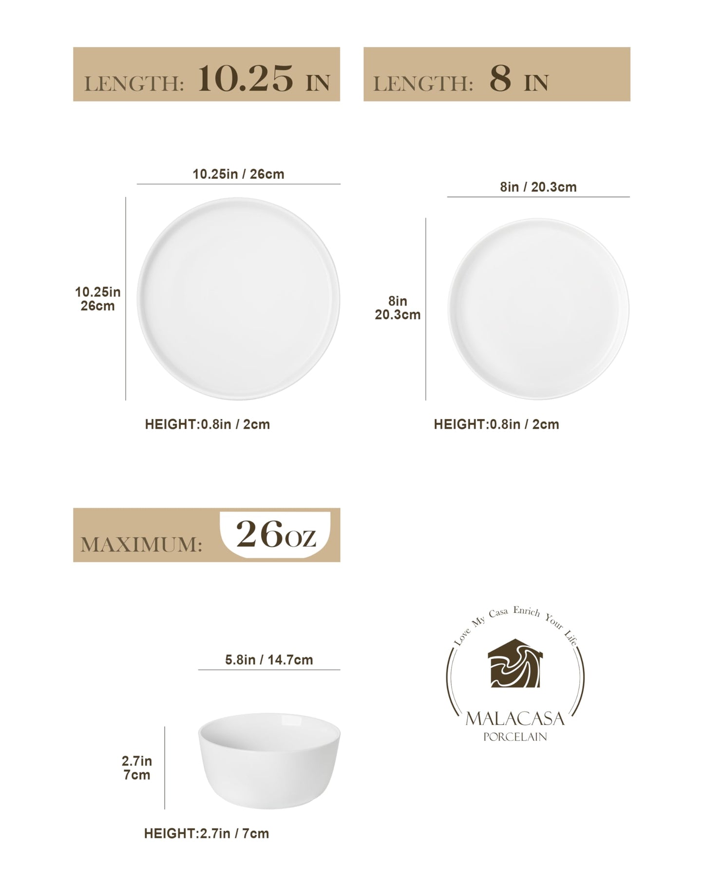 MALACASA 24 Pieces Gourmet Porcelain Dinnerware Sets, Premium Plates and Bowls Set, High-Fired Ceramic Dishes Set for 8, Chip & Scratch Resistant, Microwave Dishwasher Safe, White, Series LEXI