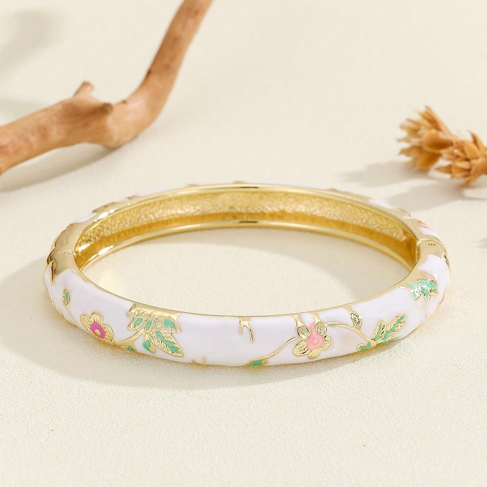 Cloisonne Bracelet For Women, Chunky Bangle Trendy Cute Flower Enamel Bangles Multi Tone Engraved Cuff Gold Plated Bracelets Stackable Wife Jewelry Friendship Gift (Blue&White Set, One Size)