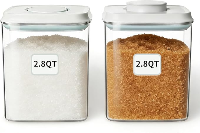 Food Storage Container Set 2.8 Qt Ã2 with Lids, Airtight Pantry Canisters, BPA-Free Plastic Flour Sugar Storage Containers, One-Touch Press-to-Open Lids, Stackable Clear Jars for Rice, Cereal, Coffee