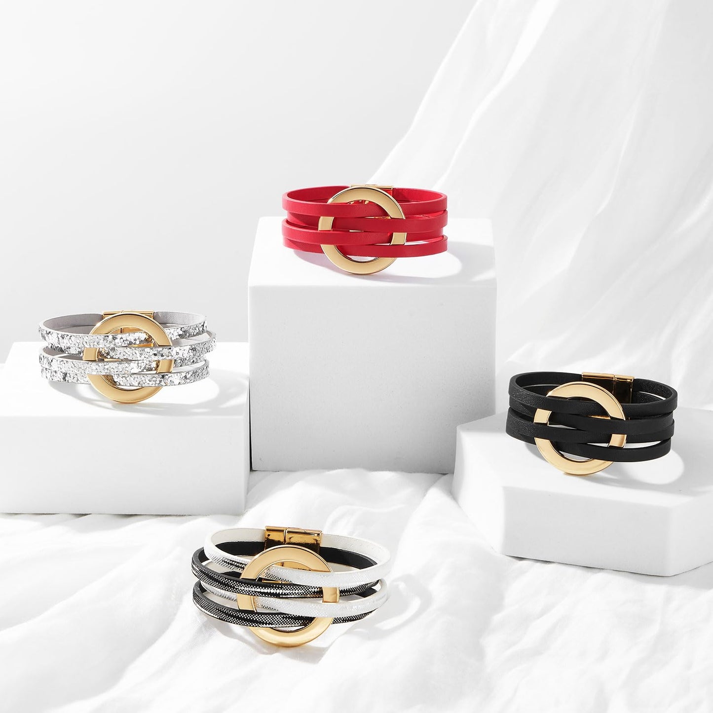 QIUTIMIY Leather Bracelets for Women Trendy Boho Cuff Bracelet Layered Bangle with Clasp Hand Wrist Jewelry Western(Style 9-Black)