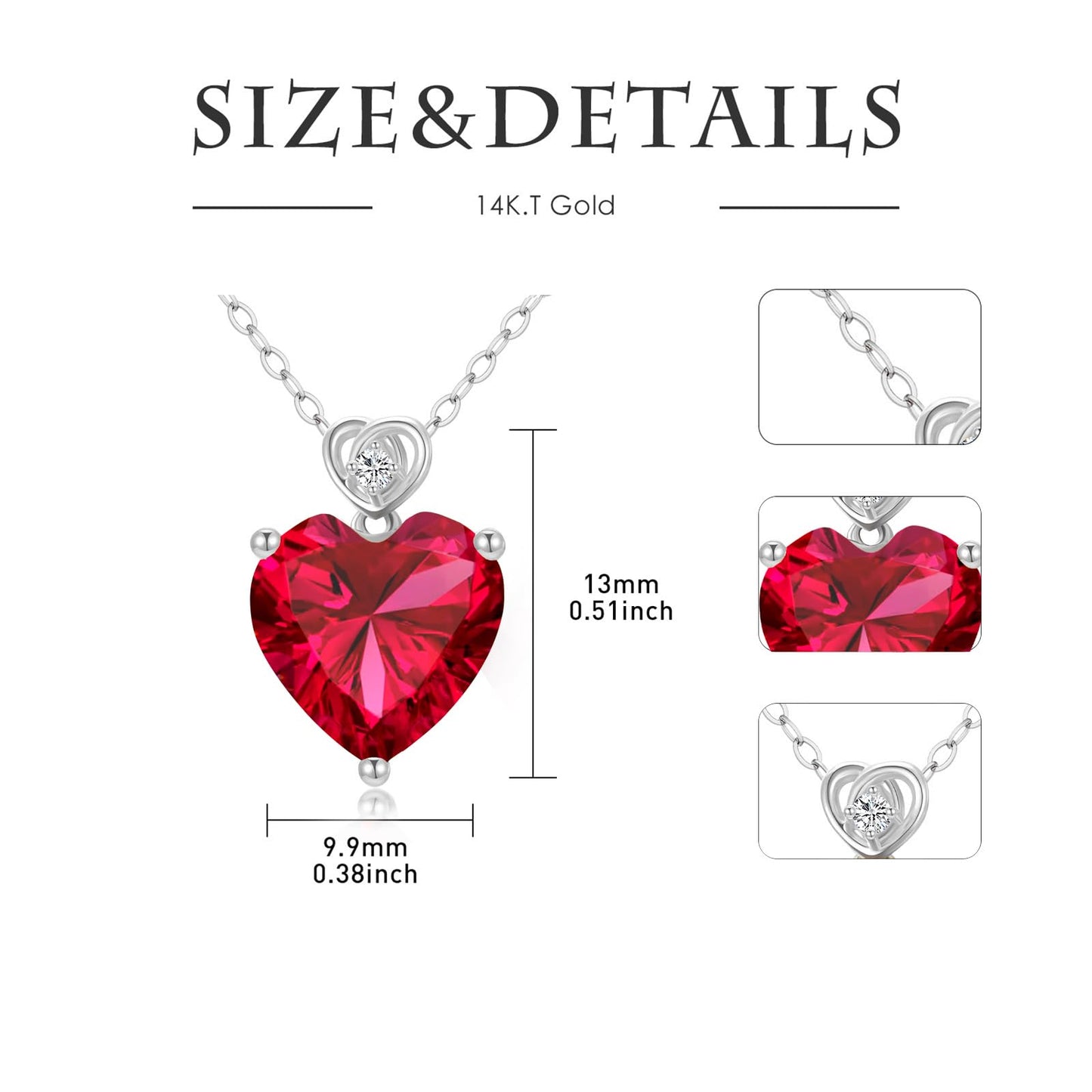 NFYBD 14k White Gold Love Heart Ruby Birthstone Pendant Necklace for Women 3 Carat Heart-cut Created Gemstone Anniversary Birthday Mother's Day Necklaces for Her-jul