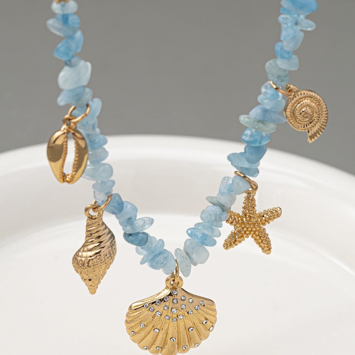 MERGEWORLD Dainty Gold Sea shell Necklace For Women β Ocean Charm Jewelry for Women, Delicate Starfish Beach Necklace with Sea Blue Natural Stone, Elegant Beach Gifts & Everyday Gold Chain