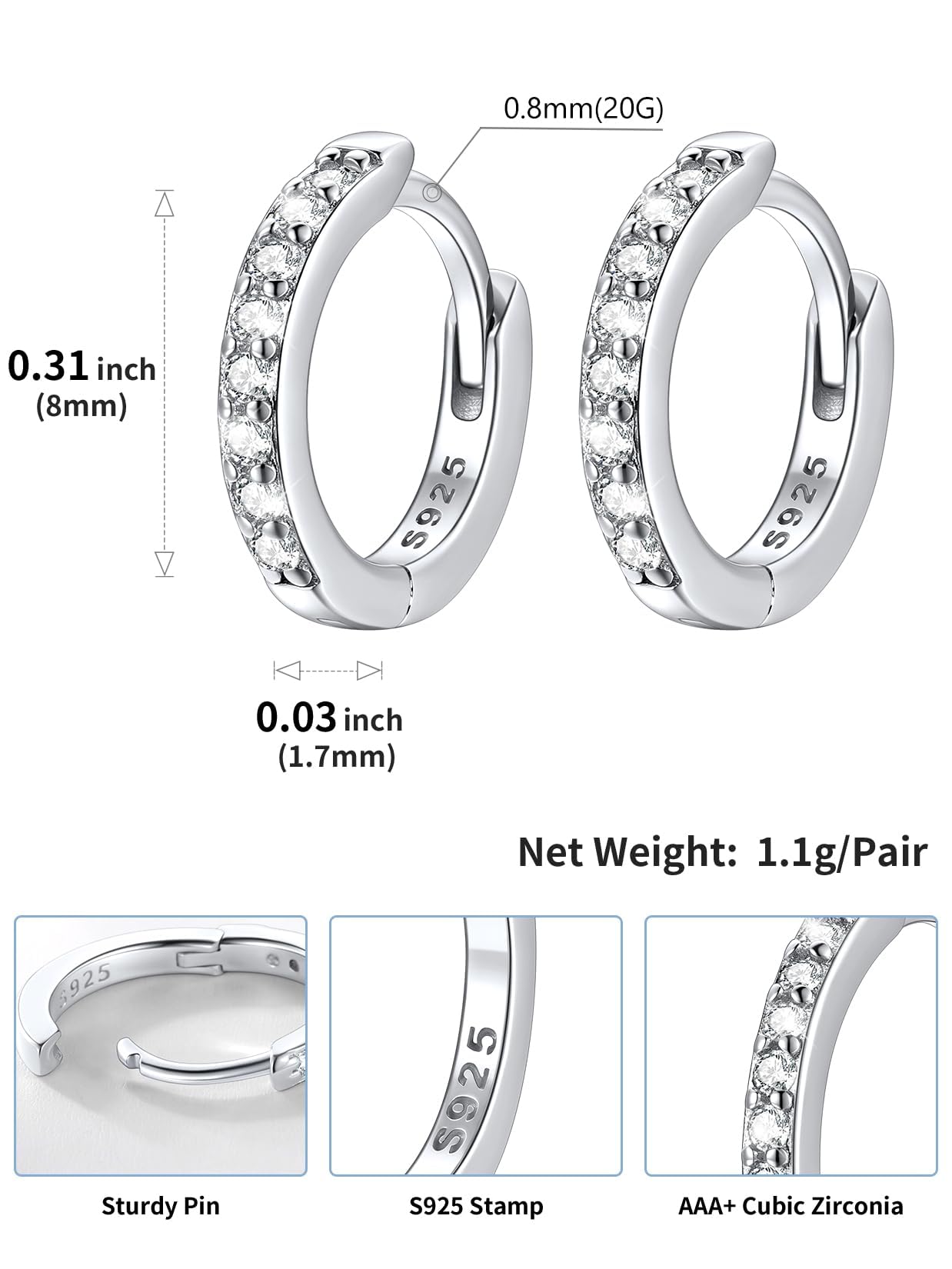 SILVERCUTE 925 Sterling Silver Huggie Hoop Earrings for Women,Hypoallergenic Small Silver Hoop Earring Cubic Zirconia Cartilage Earring Lightweight Huggies Earrings for Women,8/10/12mm