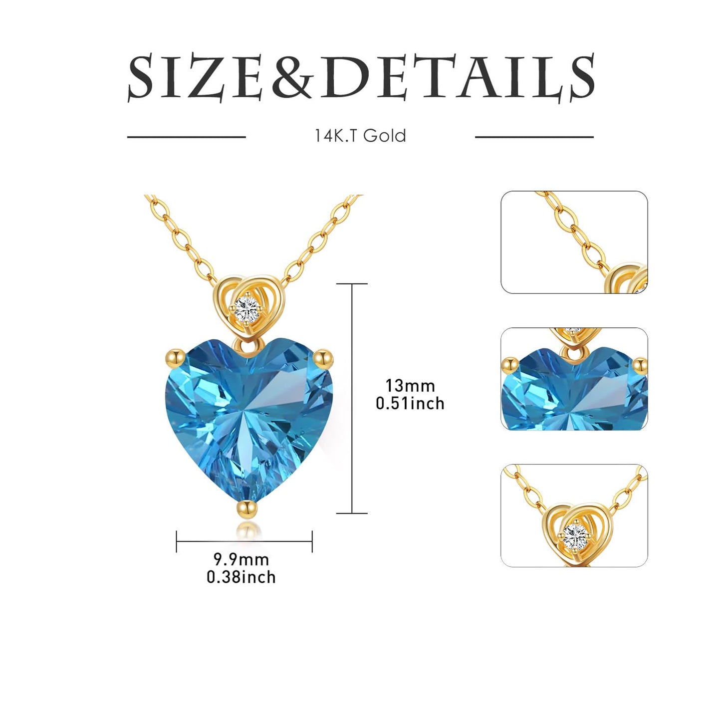 NFYBD 14k Gold Love Heart Blue Topaz Birthstone Pendant Necklace for Women 3 Carat Heart-cut Created Gemstone Anniversary Birthday Mother's Day Necklaces for Her 16+1+1 inch-Dec