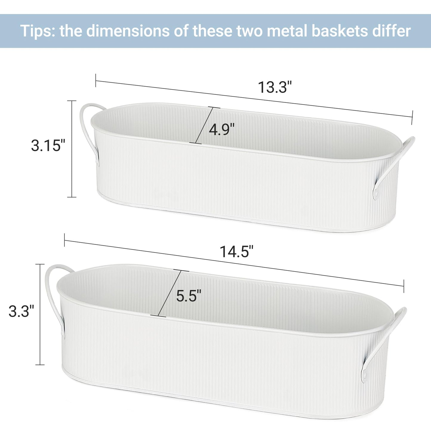 Mkono Metal Storage Basket for Toilet Tank Top Bathroom Decor, Galvanized Tray with Handle for Shelves, Farmhouse Toilet Paper Holder Organizing Bin Box for Countertop Living Room, Set of 2, White