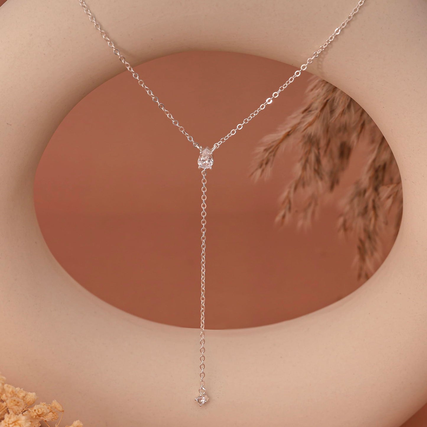 FUCJOEE Silver Necklace for Women - Dainty Long Silver Necklace Simple Teardrop CZ Y Shaped Drop Necklaces Statement Lariat Necklace Cute Long Necklaces for Women Trendy Silver Prom Jewelry Gifts