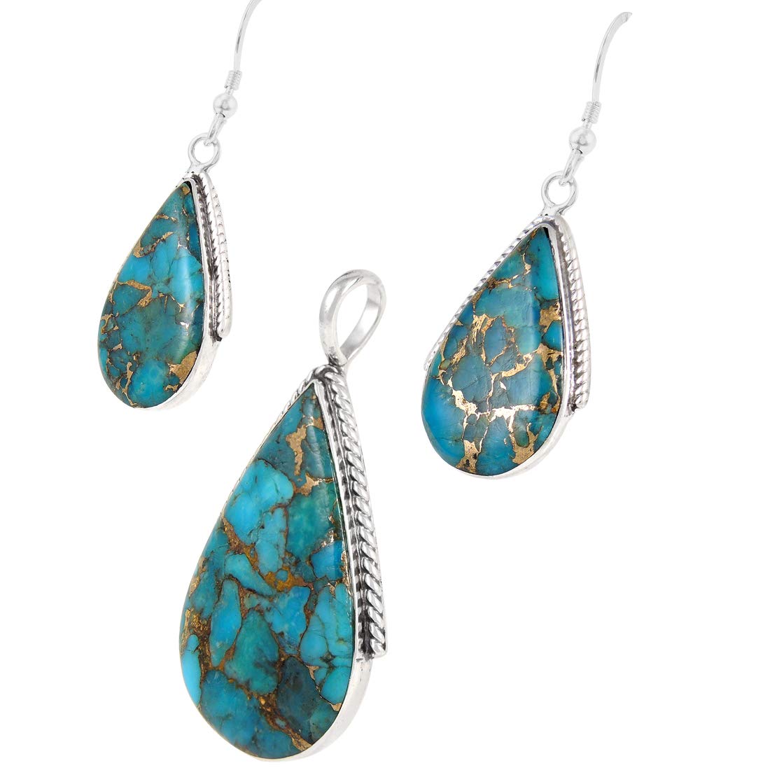 925 Sterling Silver Matching Pendant & Earrings Set with Genuine Gemstones 20" Necklace (Matrix Turquoise)