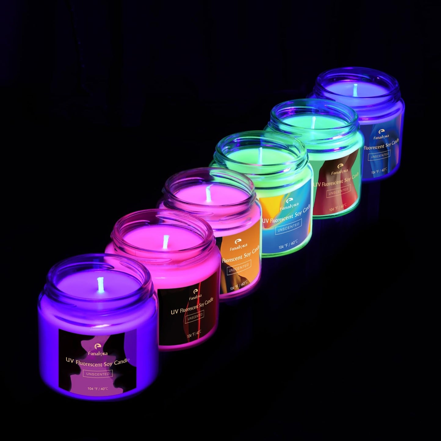 UV Fluorescent Soy Wax Low Temperature Candles, Low Heat Wax Play for Night Party, Candles for Couple Lovers Gifts Game, Unscented, 104 °F, 5 oz (All(Yellow+Purple+Blue+Red+Orange+Green))