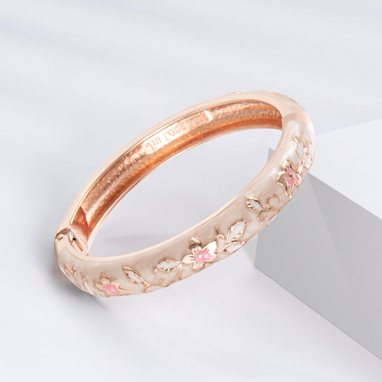 UJOY Vintage Cloisonne Jewelry Bracelet Rose Flower Handmade Rhinestones Enamel Spring Cuff Bangles 2 Pcs Set for Womens Gift 88A10-55A82 Cream White