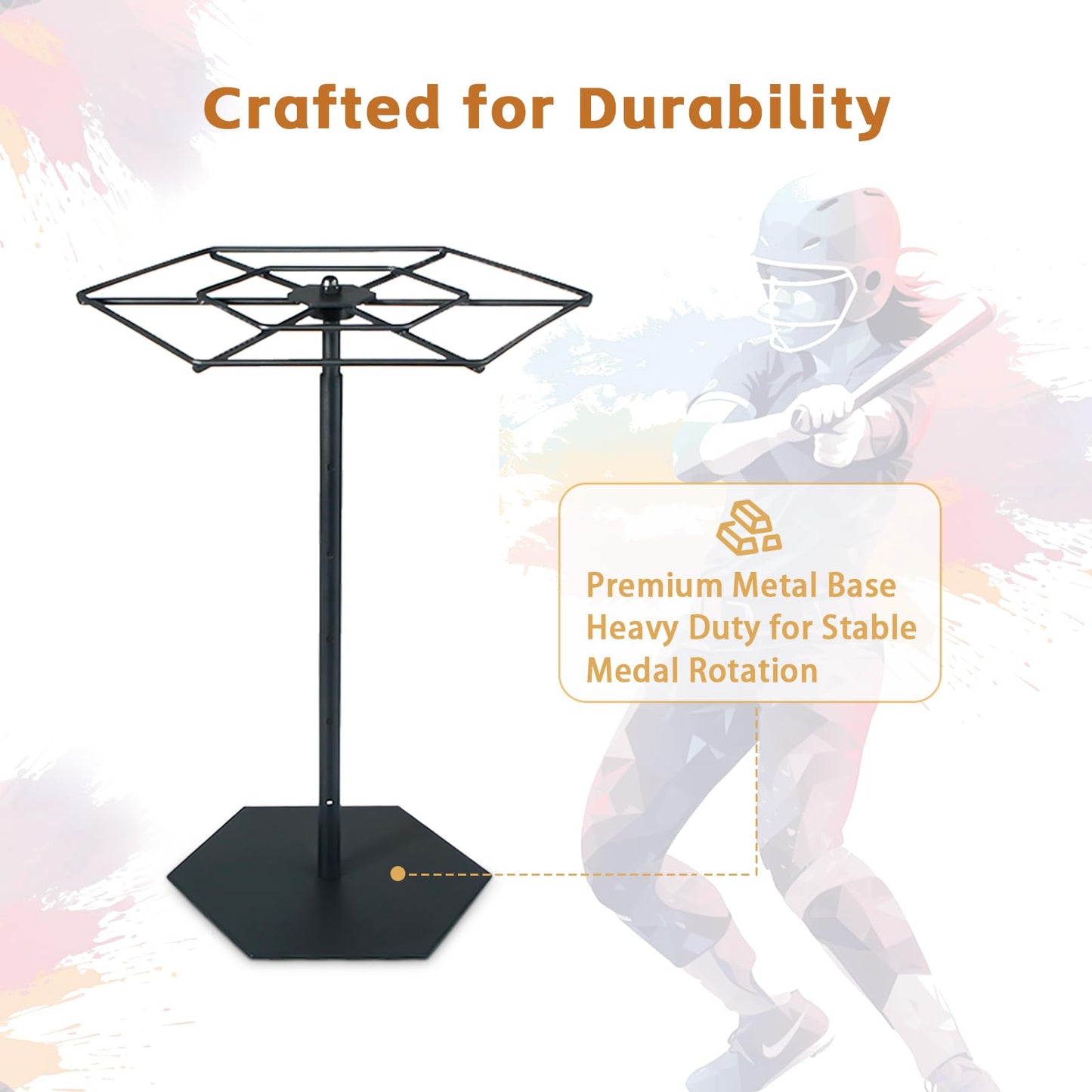 Rotating Medal Hanger Display Stand, Rotatable Medal Holder for Sports Award. Adjustable Metal Rack Perfect for Basketball, Running, Gymnastics, Soccer Race Medals. Showcase 45+ Medals on Table top!