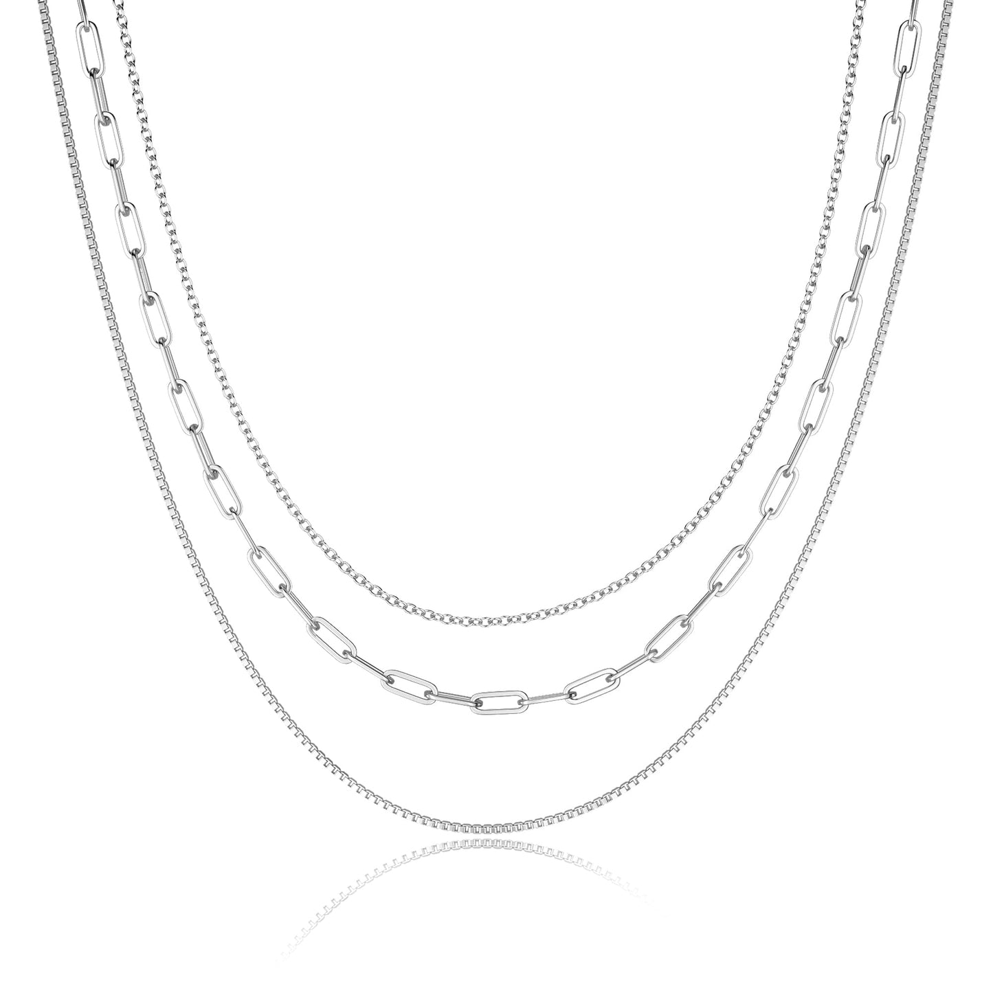 Freekiss Silver Necklace for Women: Layered 14K Silver Plated Necklaces Dainty Paperclip Box Chain Necklace Chunky Choker Necklace Set Silver Jewelry for Women Gifts
