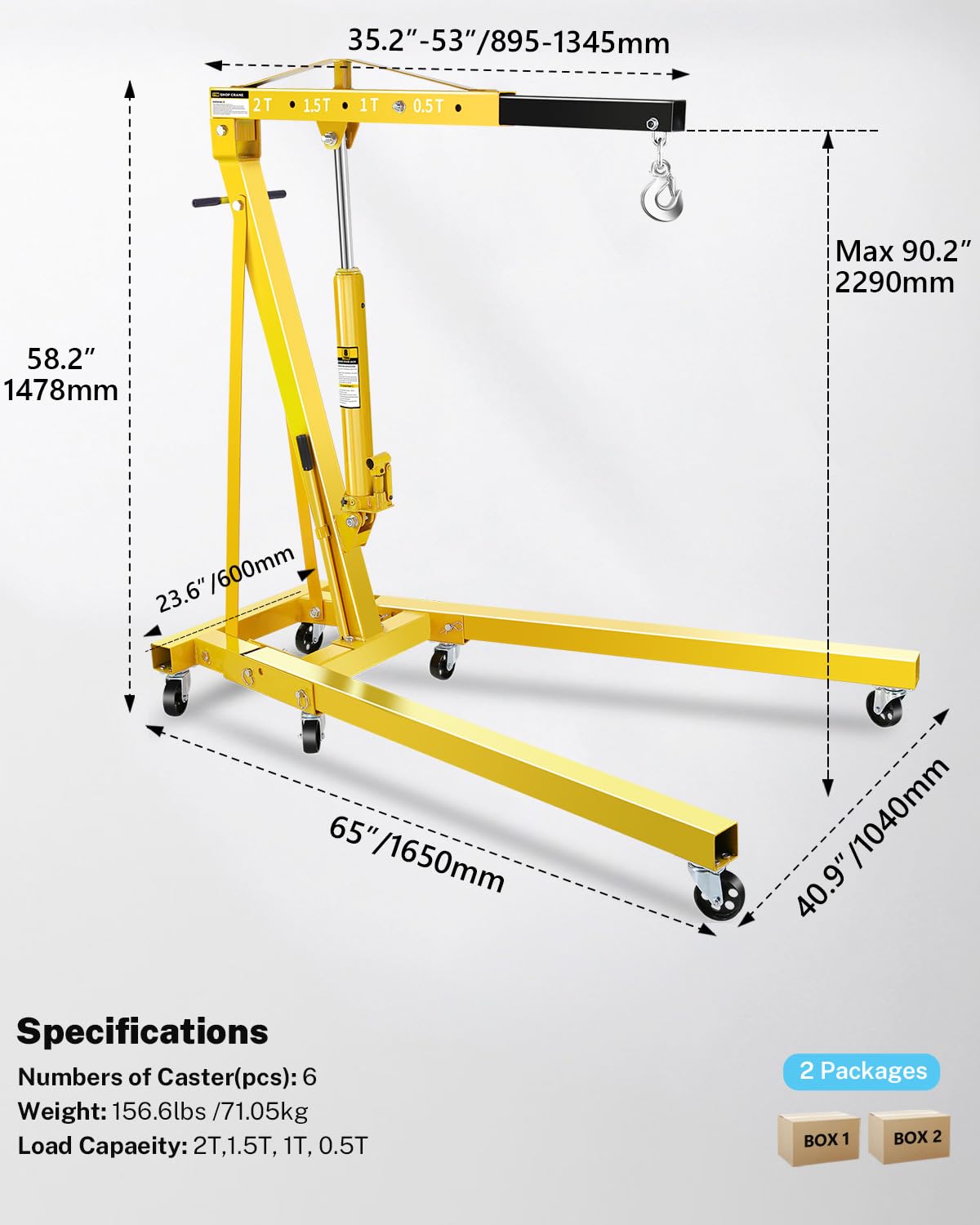 2-Ton Shop Crane, Hydraulic Folding Engine Hoist w/6 Steel Casters - Lift Car Transmissions, Boat Motors, Farm Equipment (Net Wt. 157 lbs)