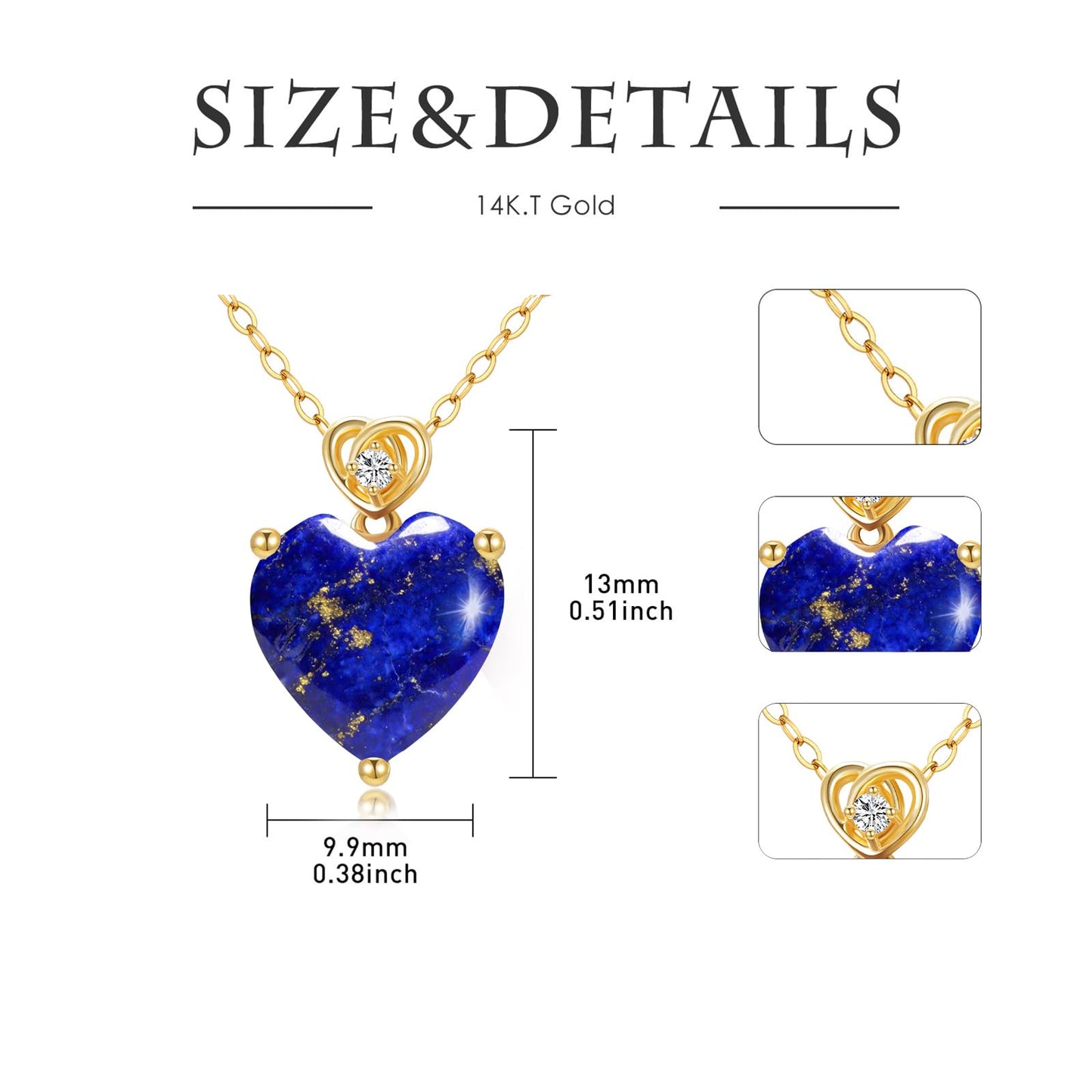 NFYBD 14k Gold Love Heart Lapis lazuli Birthstone Pendant Necklace for Women 3 Carat Heart-cut Created Gemstone Anniversary Birthday Mother's Day Necklaces for Her