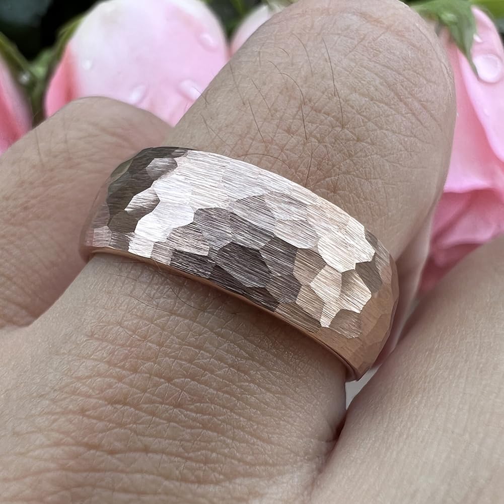 TUTISS 8mm Rose Gold Hammered Tungsten Rings for Men Women Engagement Wedding Bands Domed I Love You Engraved Comfort Fit Size 6