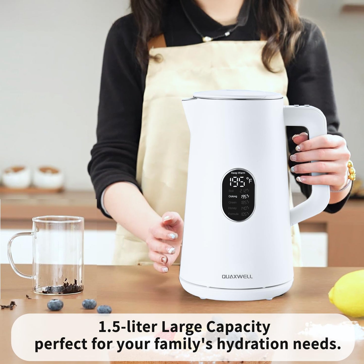 QUAXWELL Electric Kettle, 1.5L Stainless Steel, Double Wall Cool Touch Teapot, Fast Boil,5 Temperature Control, LED Display, Auto Shut-Off, BPA-Free,Keep Warm Function, Ideal for Tea & Coffee,White