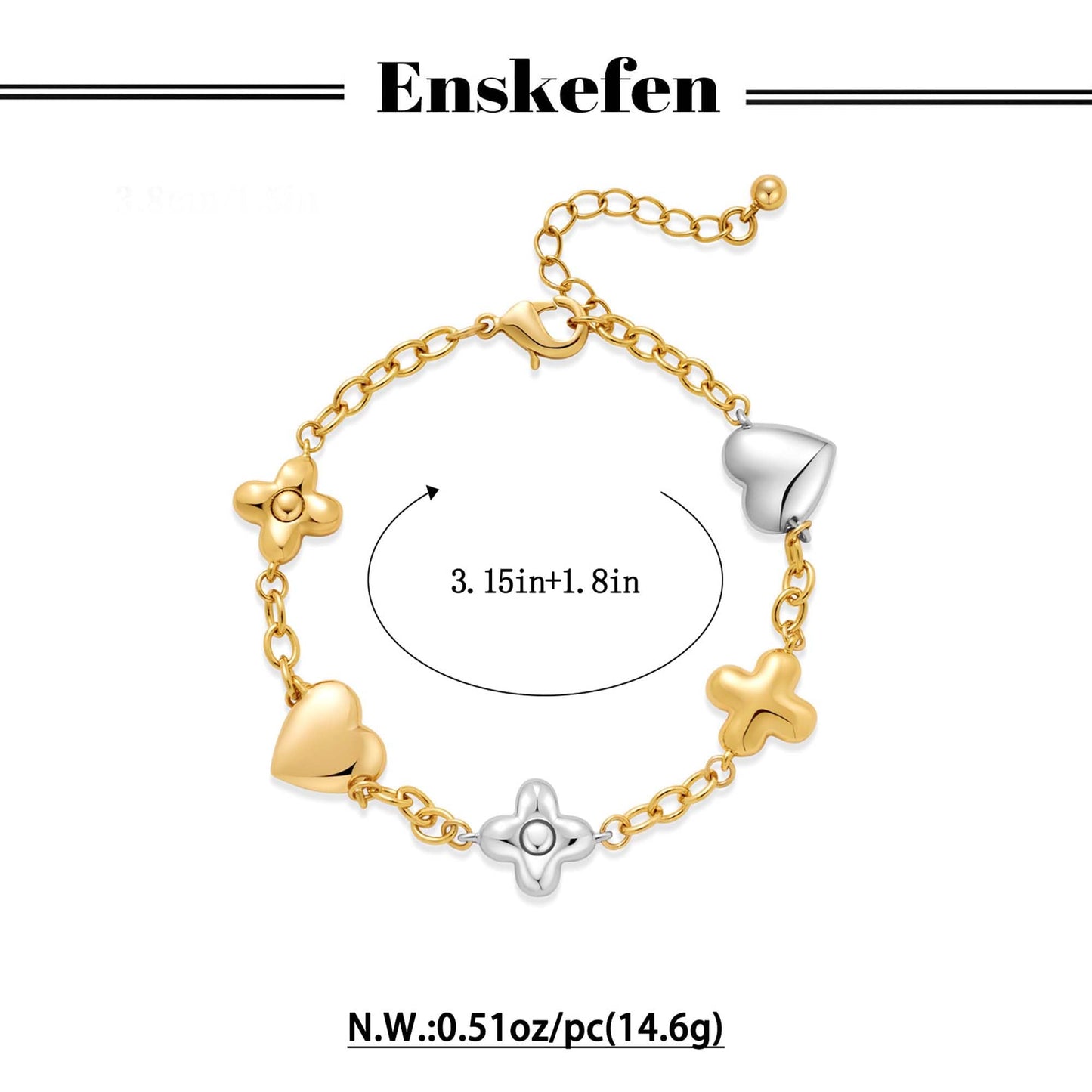 ENSKEFEN Dainty Chain Link Charm Bracelets for Women Adjustable Gold and Silver Love Heart Four Clover Bracelet Fashion Minimalist Stackable Bracelet Jewelry