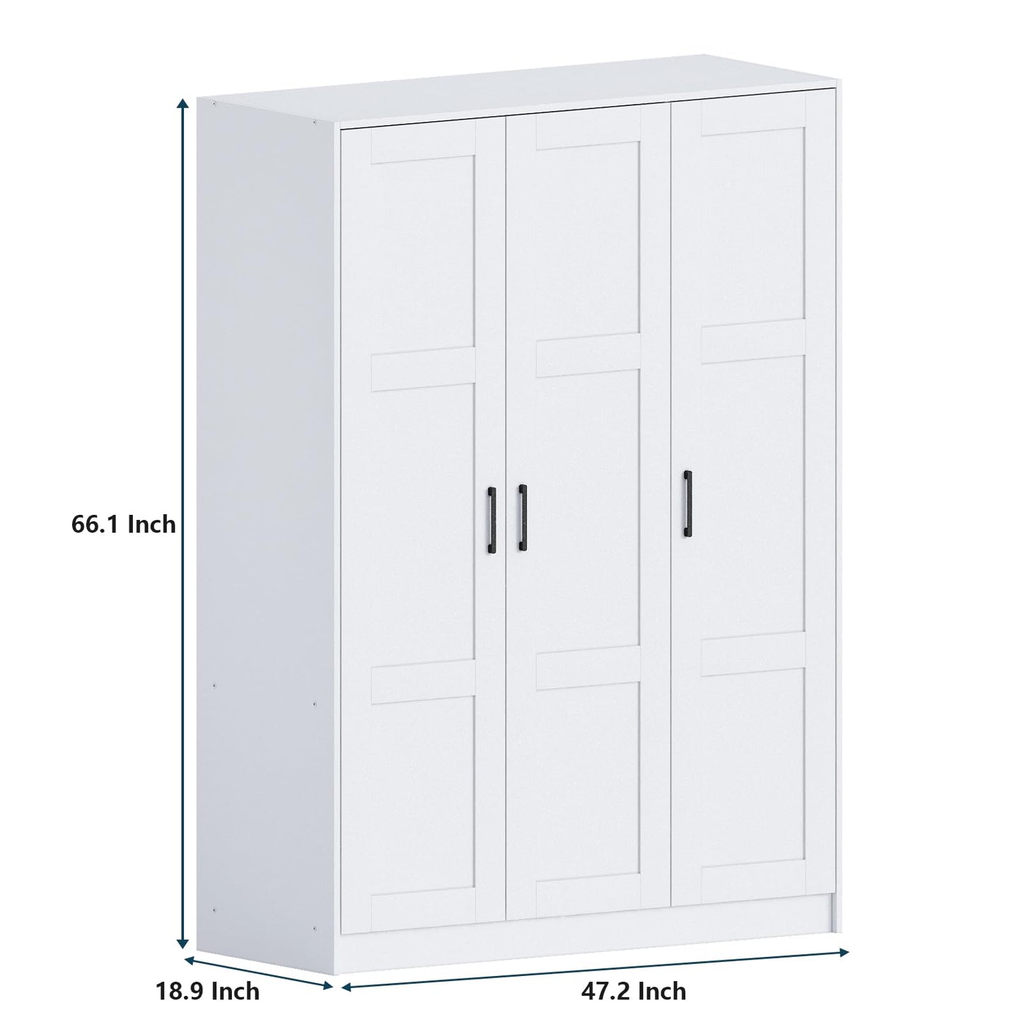 3 Doors Wooden Wardrobe Closet Armoire, White Storage Cabinet for Hanging Clothes, Bedroom Large Capacity Freestanding Armoire,Wood Wardrobe Combination with Shelves