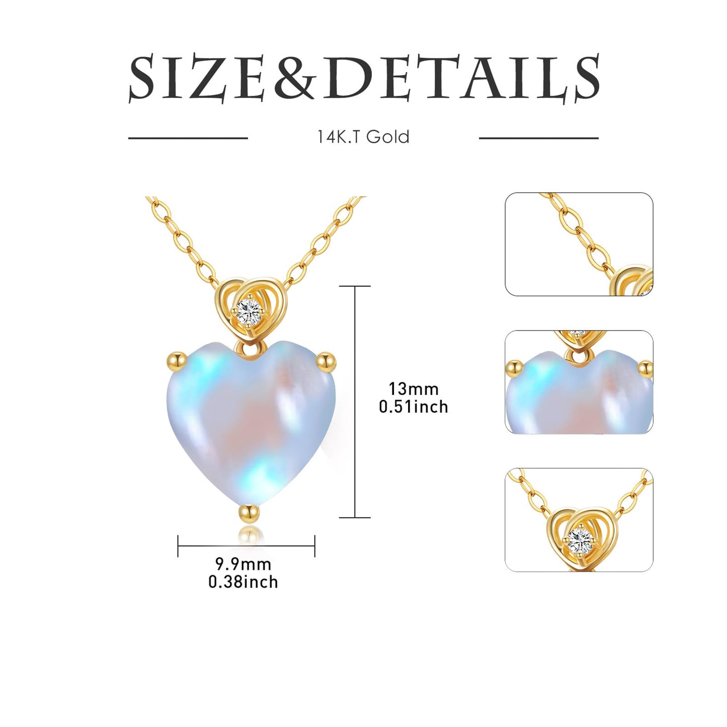 NFYBD 14k Gold Love Heart Moonstone Birthstone Pendant Necklace for Women 3 Carat Heart-cut Created Gemstone Anniversary Birthday Mother's Day Necklaces for Her 16+1+1 inch
