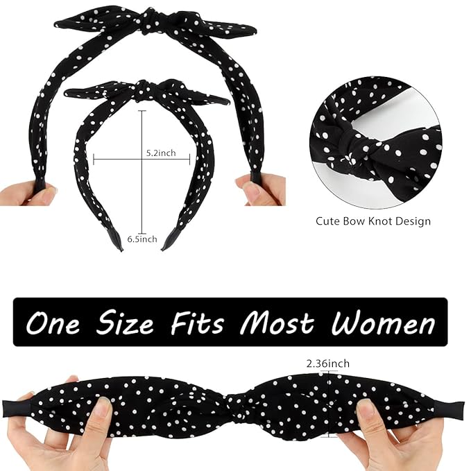 TOBATOBA 6Pack Polka Dot Bow Headbands - Cute Bunny Ears Top Knot, Vintage Hair Accessories for Women and Girls