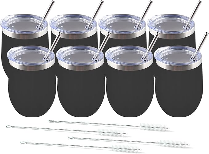 Amtidy 8 Pack Powder Coated Stainless Steel Tumbler with Lid,Equipped with straw and straw brush,12 oz Double Wall Vacuum Insulated Travel Tumbler Cup for Coffee, Wine, Cocktails