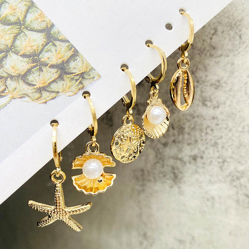 16 Pairs Starfish Jewelry Set for Women 14K Gold Plated Seashell Necklace Starfish Earring Open Ring Seashell Layer Boho Bead Adjustable Bracelet For Summer Travel Holiday Vacation Party (starfish set)