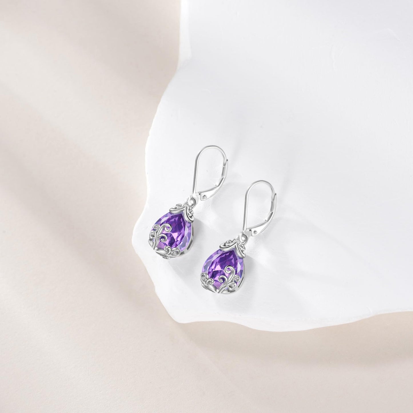 POPLYKE BirthStone Filigree Teardrop Drop Dangle Earrings Sterling Silver Amethyst Leverback Earrings February Birthstone Jewelry Gifts for Women