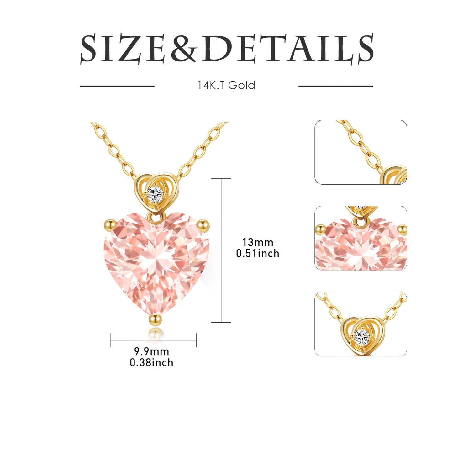 NFYBD 14k Gold Love Heart Morganite Birthstone Pendant Necklace for Women 3 Carat Heart-cut Created Gemstone Anniversary Birthday Mother's Day Necklaces for Her 16+1+1 inch