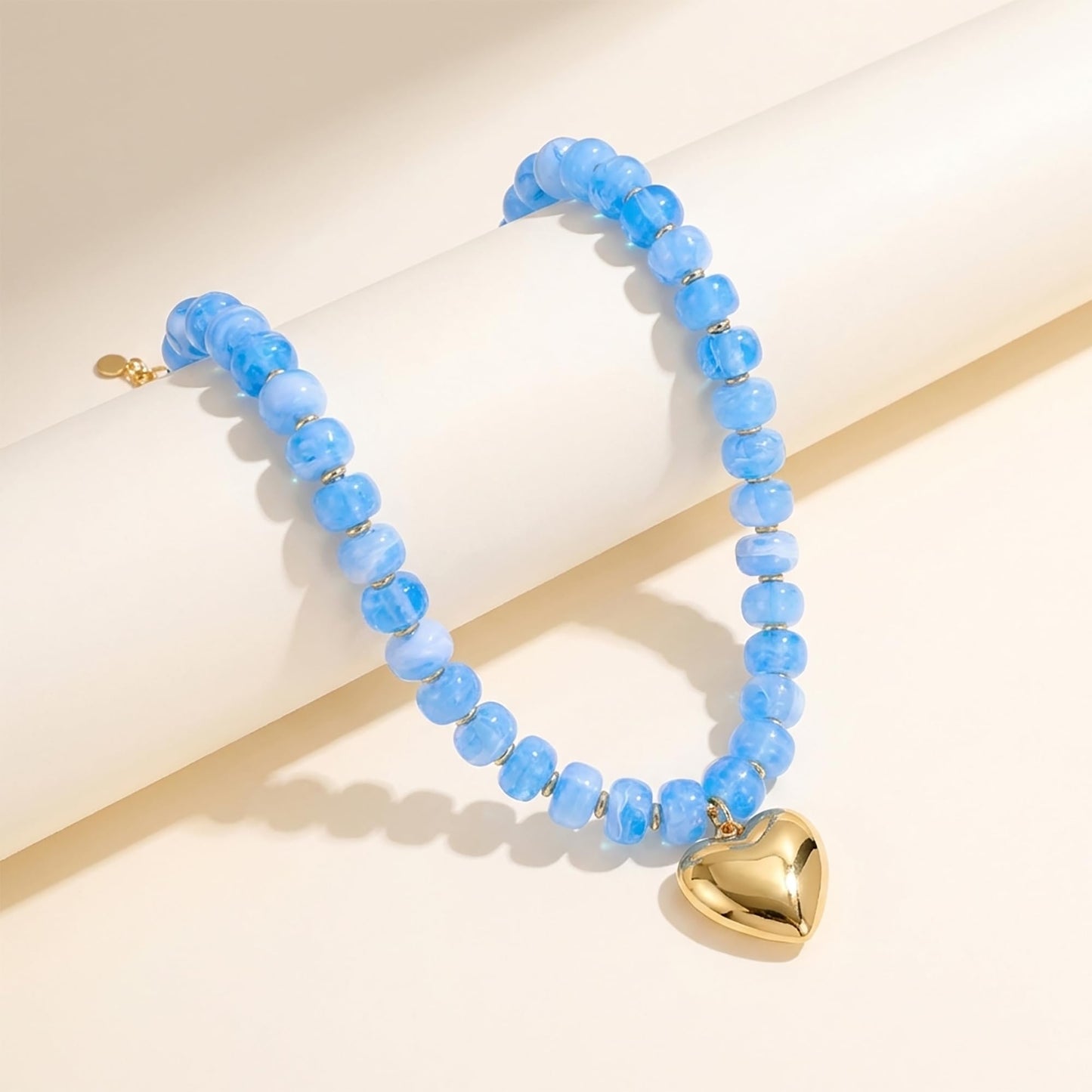 ENSKEFEN Chunky Gold Heart Pendant Necklaces for Women Bohemian Light Blue Resin Beaded Choker Necklace Trendy Chunky Statement Necklace Summer Beach Jewelry