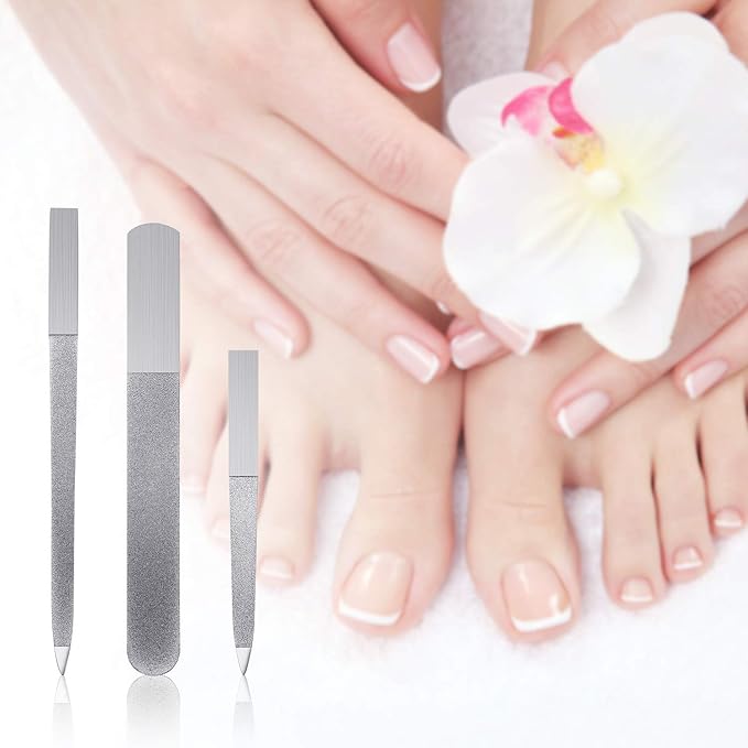 Mudder 3 Pcs Metal Diamond Nail File Set for Women Men Stainless Steel Metal Double Side Fingernail Toenail Buffer Filers Silver Emery Boards for Salon Home Travel Manicure Pedicure Nail Care Tool