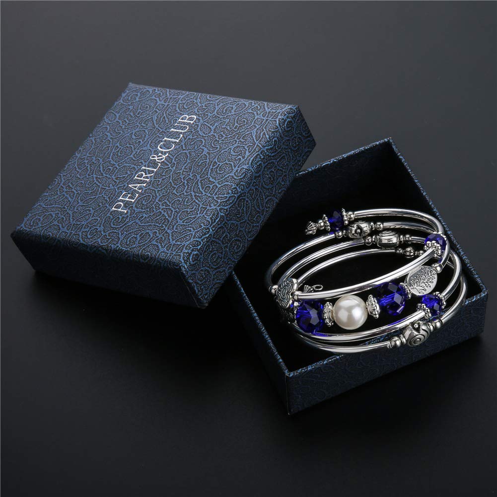 PEARL&CLUB Bead Crystal Wrap Bangle Bracelet - Fashion Jewelry Beaded Bracelet with Silver Metal, Gifts for Women(92-Sapphire)