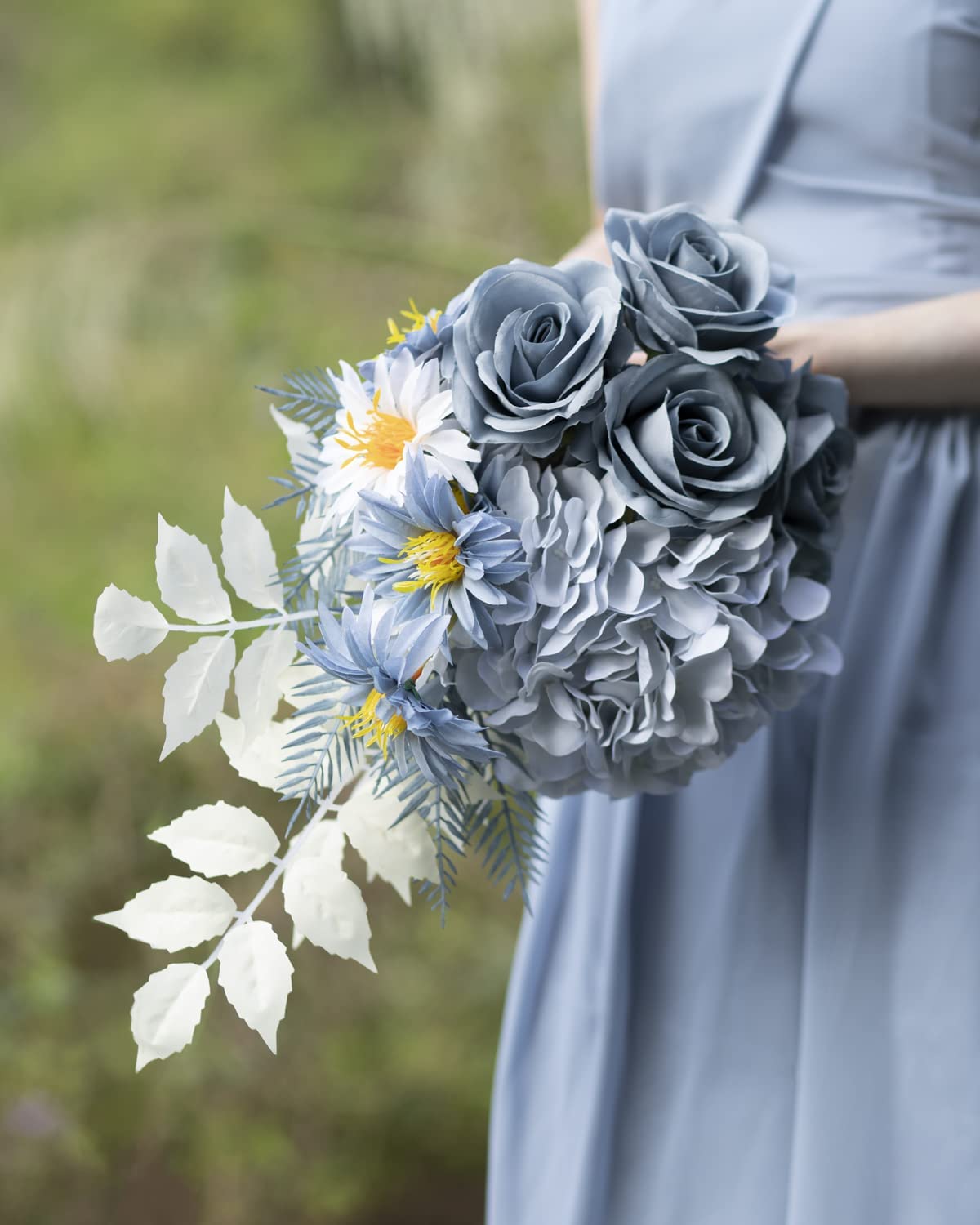 LFF 10Pcs Dusty Blue Roses Artificial Flowers, Faux Silk Roses with 21.2" Long Stems & 2.36" Large Blooms, Lifelike Fake Roses for DIY Wedding Bouquet Home Party Vase Filler Table Centerpiece Decor