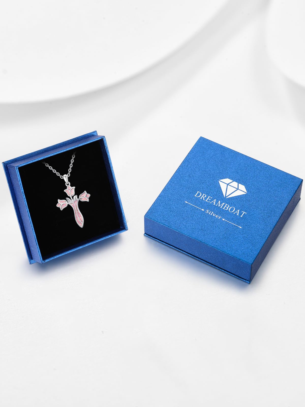 Dreamboat Opal Cross Necklace for Women Sterling Silver Cross Pendant Christian Necklace Tulip Rose Pink Opal Faith Confirmation Gifts Religious Jewelry for Mom
