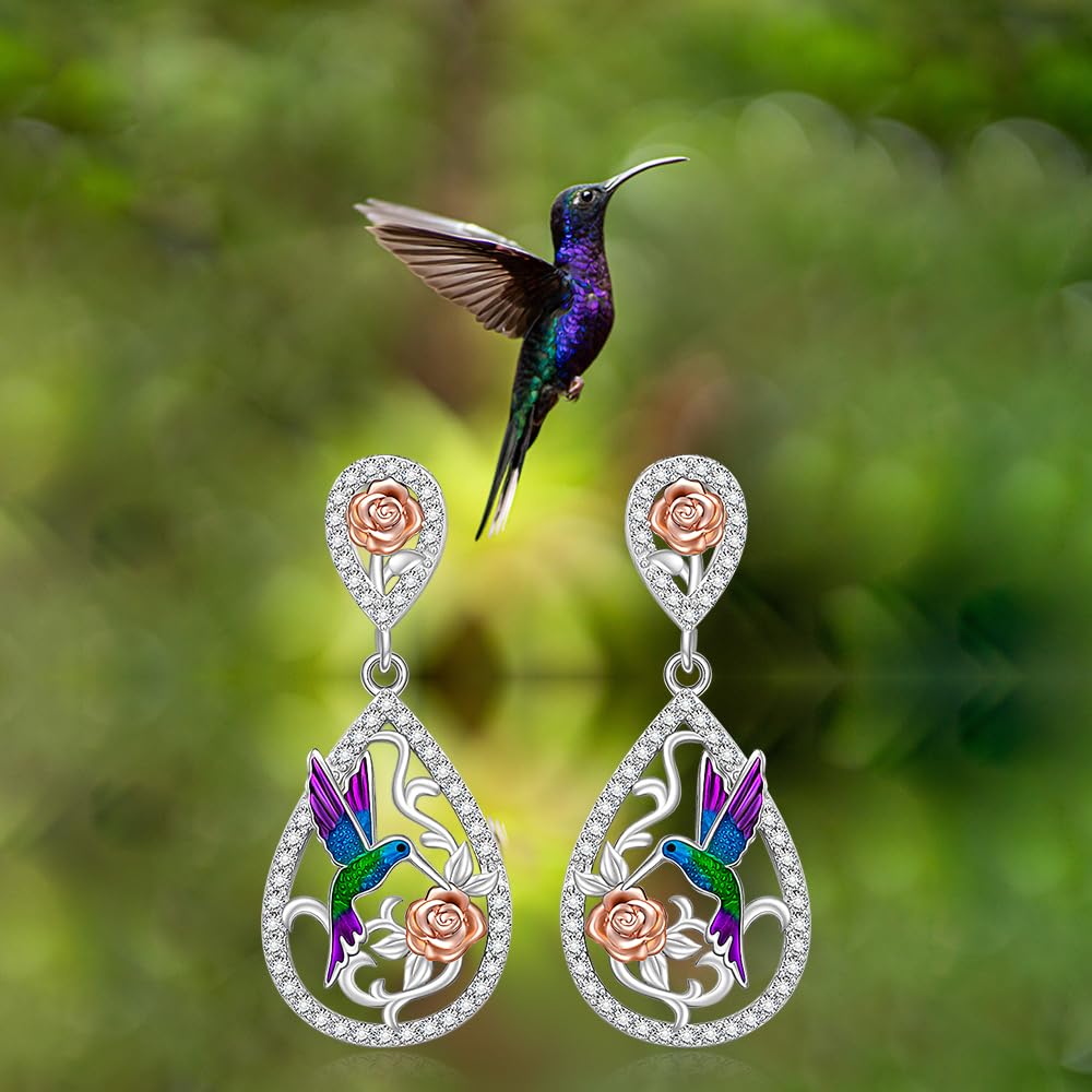 Hummingbird Earrings for Women 925 Sterling Silver Rose Dangle Drops for Women Cubic Zirconia Bird and Rose Design Dangle Drop Earrings Gifts for Lovers