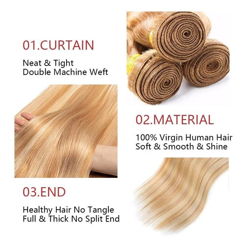 Giginger Bundles Human Hair P27/613 Blonde Straight Human Hair Bundles 16 18 20 Inch Highlight Honey Blonde Unprocessed Quick Weave Soft Sewn In Hair Extensions for Black Women