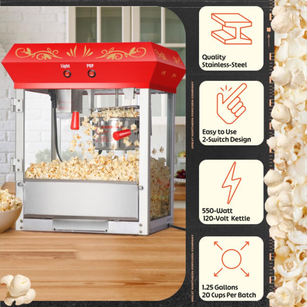 Popcorn Machine - 4oz Popper with Stainless-steel Kettle, Heated Warming Light, and Old Maids Drawer by Great Northern Popcorn (Red)
