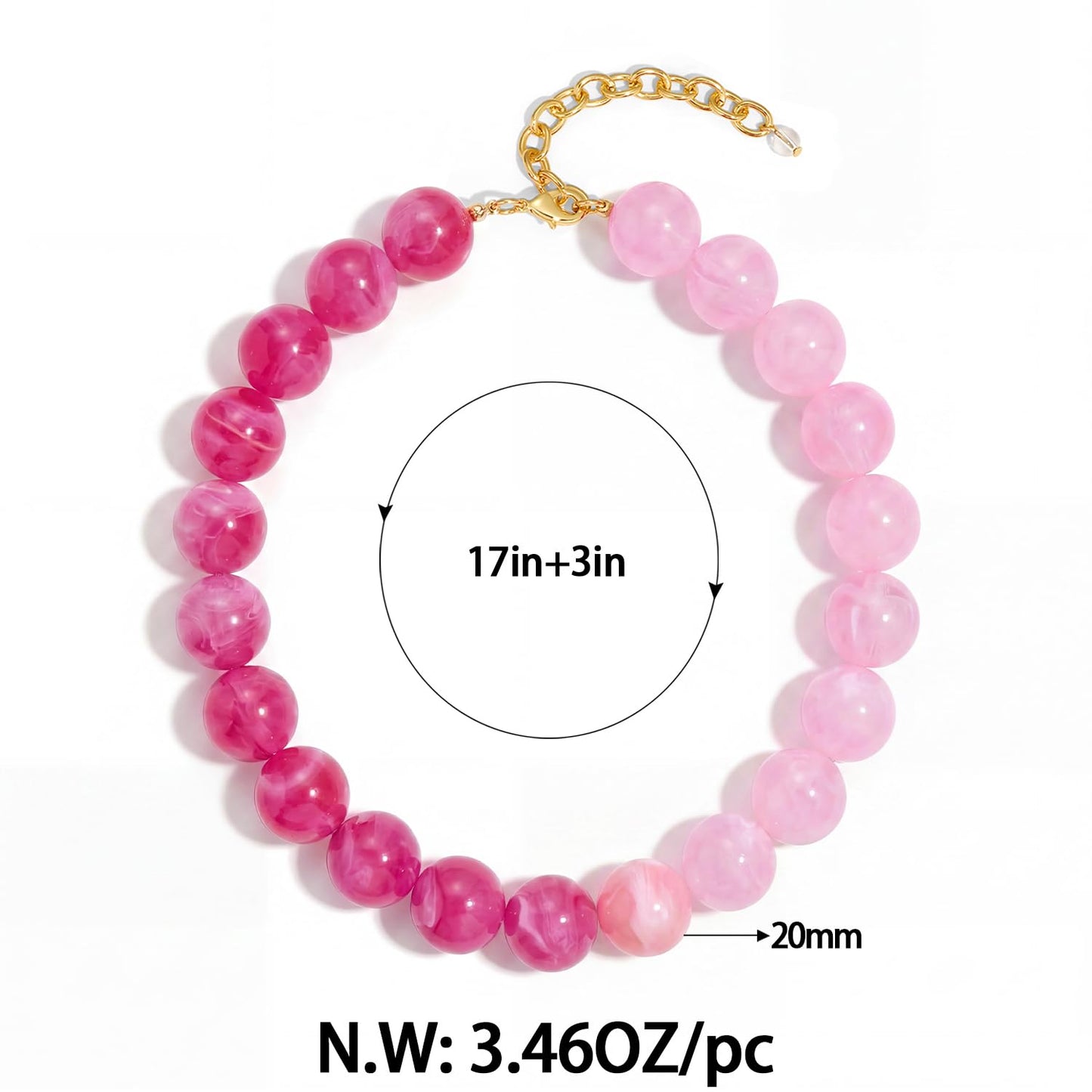 FAUTHENTICUTE Chunky Pink Necklace for Women Two-tone Pink Polished Round Resin Beaded Necklace Trendy Bead Collar Statement Necklace for Summer and Beach Boho Jewelry Gifts