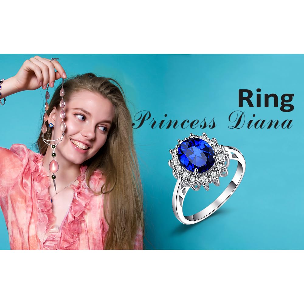 JewelryPalace Princess Diana Kate Middleton Class Gemstone Birthstone Royal Blue Created Spinel Halo Statement Engagement Rings for Women, Anniversary 14K White Gold Plated Promise Rings for Her 10.5