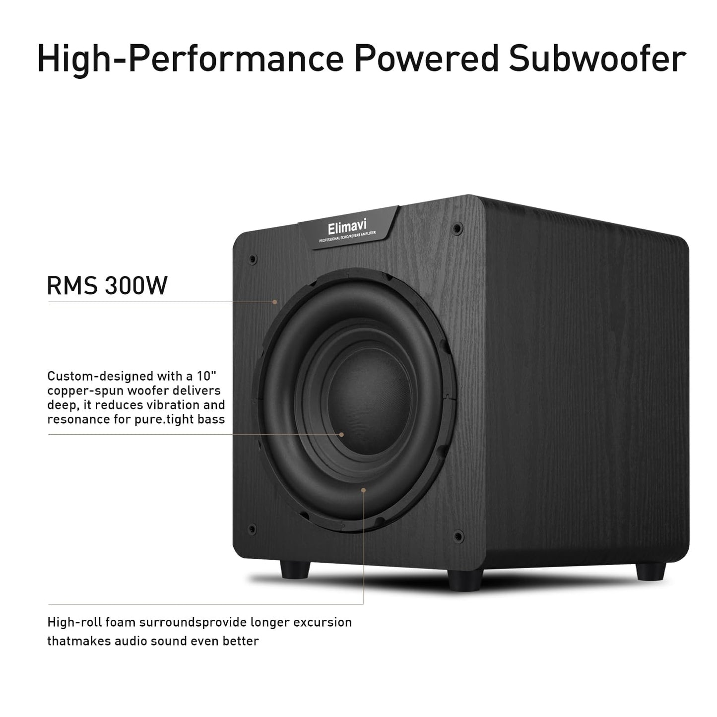 Elimavi 10" Powered Subwoofer Home Audio - 300W Deep Bass for Home Theater - Copper Driver, MDF Enclosure w/Aluminum Radiator - Ideal for Home Surround Sound Systems