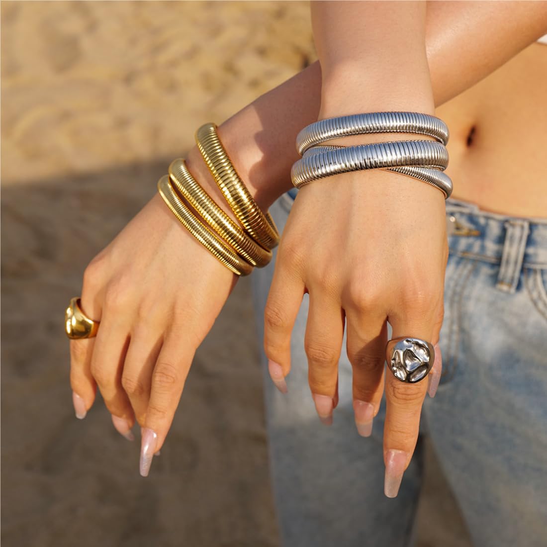 JUNYANGY Silver Bangles for Women Set of 3 Silver Chunky Stretch Bangles Bracelets 925 Silver Plated Stainless Steel Bracelets Flexible Wide Stack Bracelet Designer Look Alike Jewelry for Women