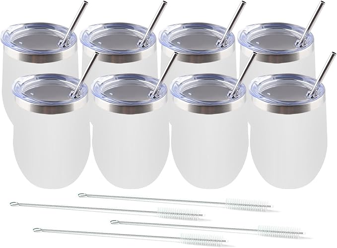 Amtidy 8 Pack Powder Coated Stainless Steel Tumbler with Lid,Equipped with straw and straw brush,12 oz Double Wall Vacuum Insulated Travel Tumbler Cup for Coffee, Wine, Cocktails
