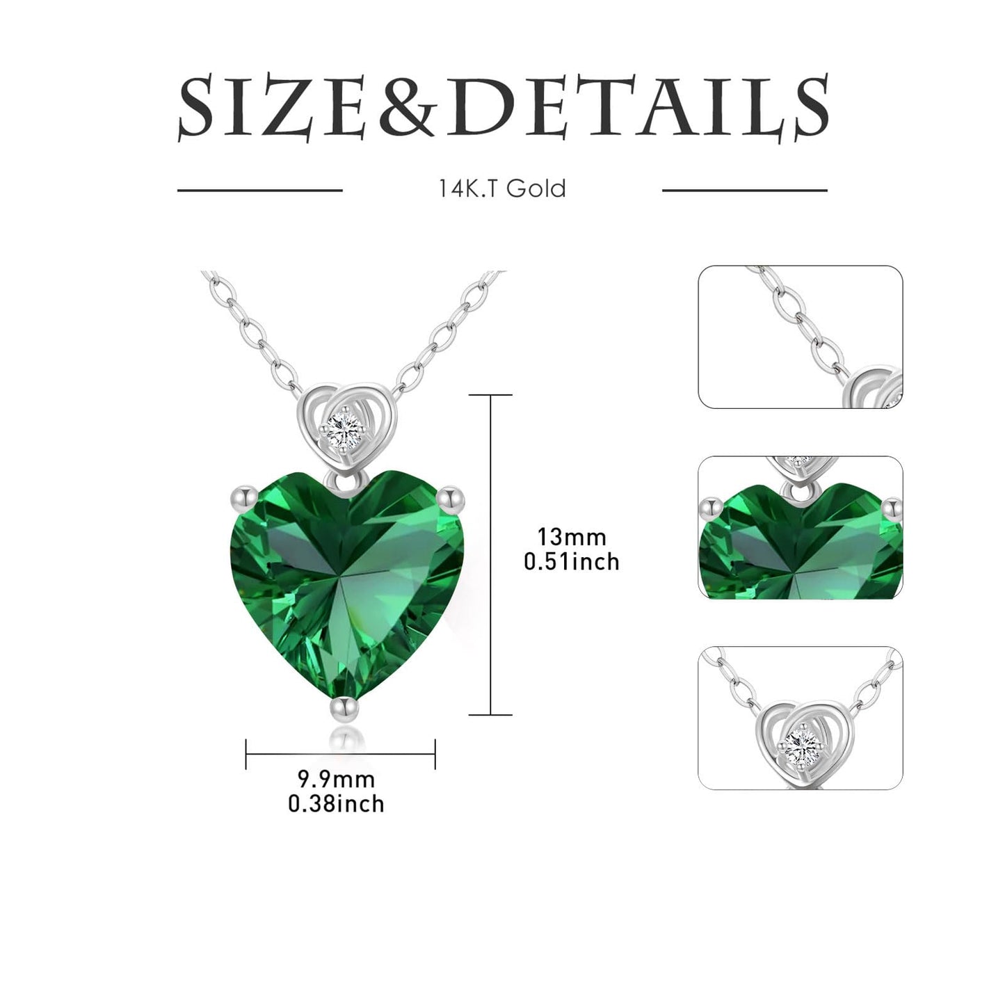 NFYBD 14k White Gold Love Heart Emerald Birthstone Pendant Necklace for Women 3 Carat Heart-cut Created Gemstone Anniversary Birthday Mother's Day Necklaces for Her-may