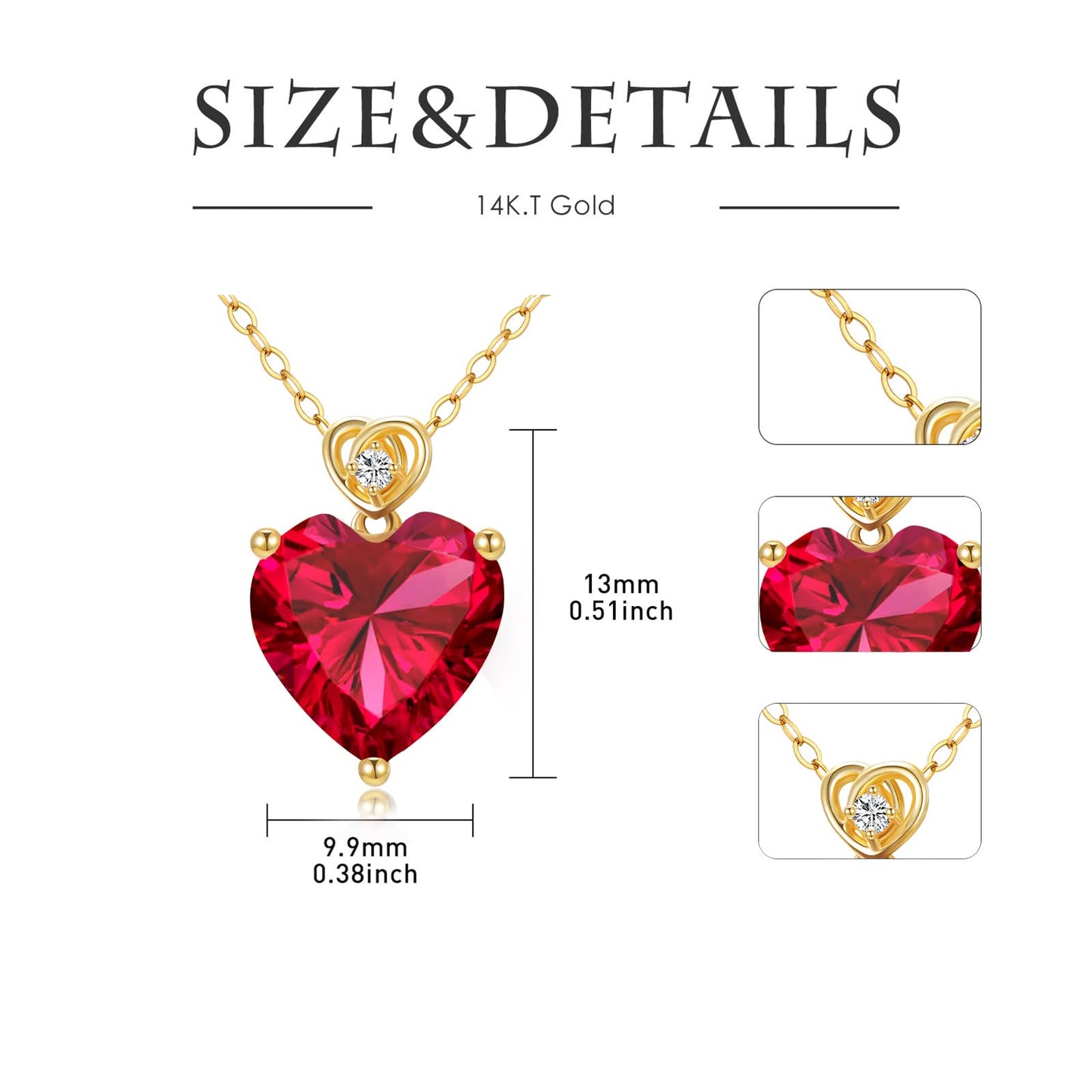 NFYBD 14k Gold Love Heart Red Ruby Birthstone Pendant Necklace for Women 3 Carat Heart-cut Created Gemstone Anniversary Birthday Mother's Day Necklaces for Her 16+1+1 inch-Jul