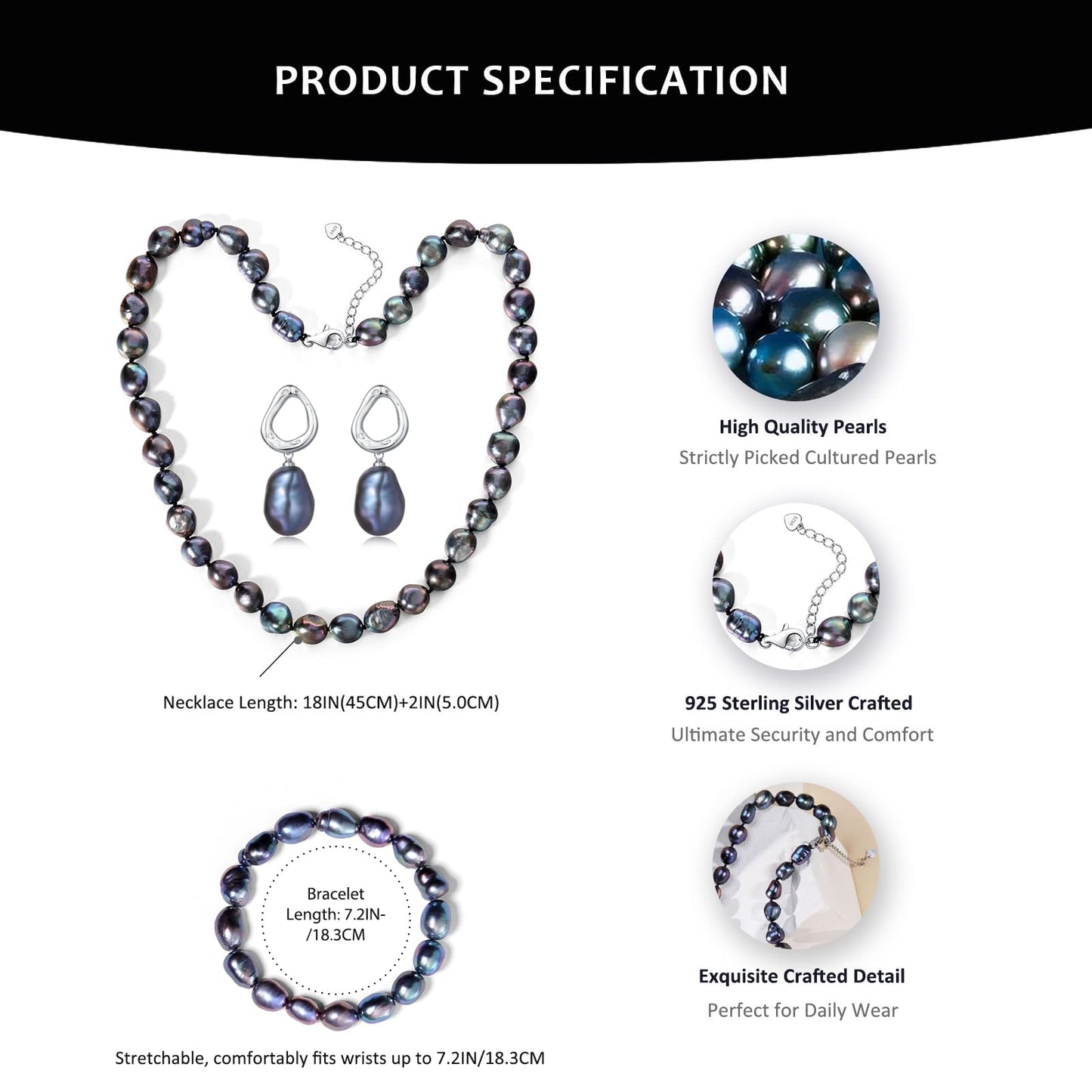 BAMIKI Tahitian Pearl Jewelry Set for Women, Baroque Saltwater Cultured Black Pearl Necklace Bracelet Earrings Set 8.5-9mm, 925 Sterling Silver Clasp, Gift for Birthday Anniversary Mother's Day