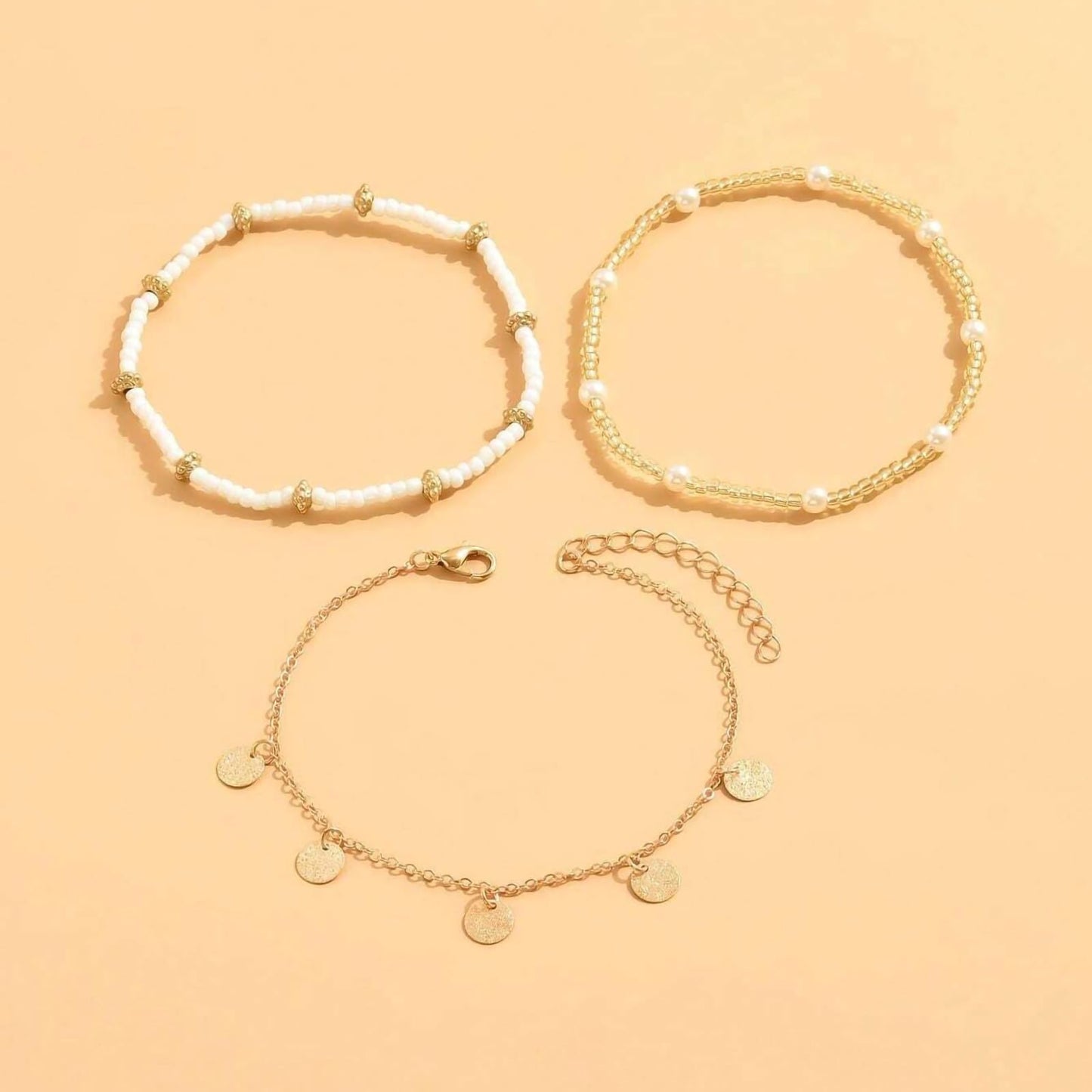 Qceasiy Shell Ankle Bracelet Set for Women, Gold Plated Boho Bead Adjustable Anklet, Hawaiian Beach Seashell Pearl Heart Starfish Conch Foot Jewelry Gifts (Disc 3Pcs)