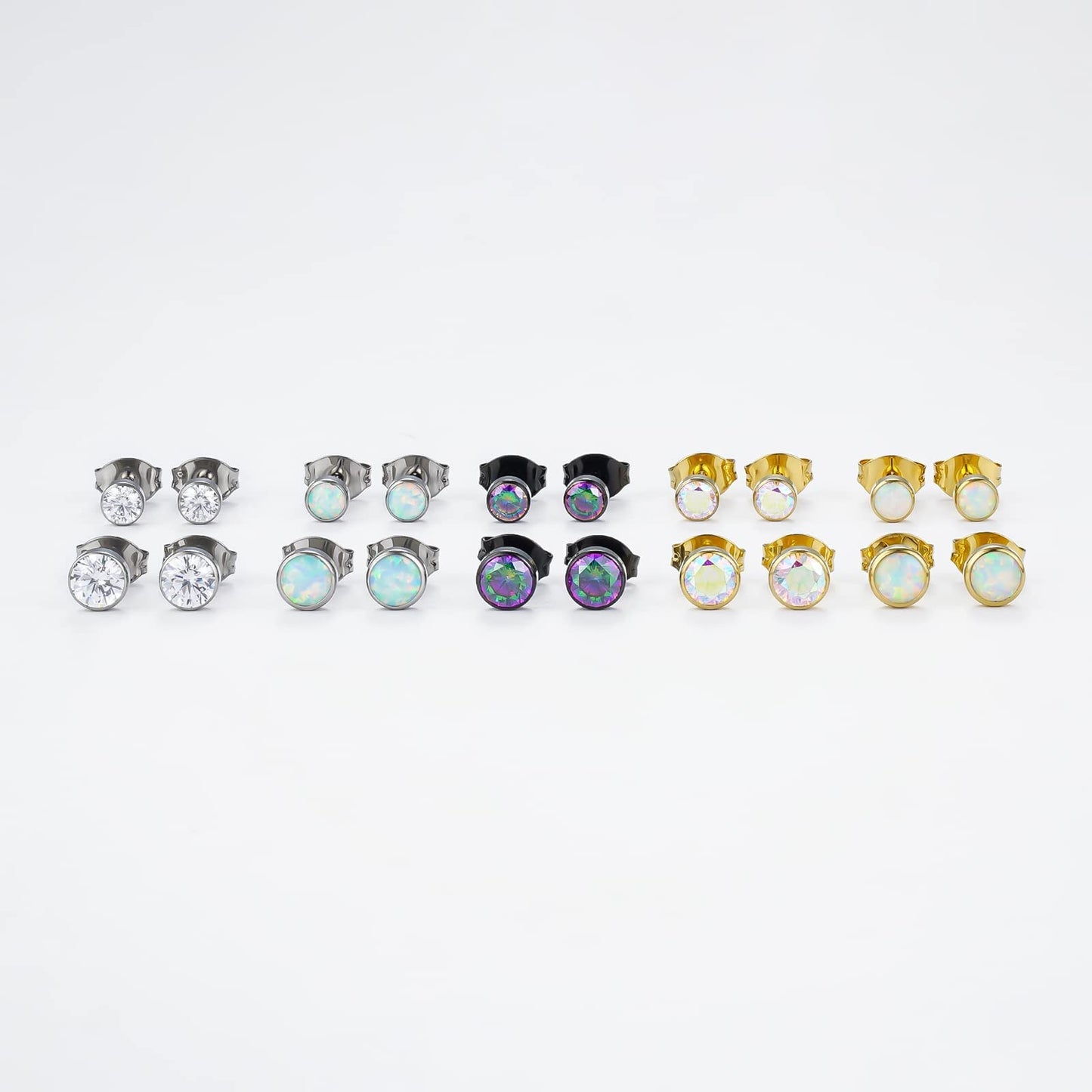 1 Pair G23 Titanium Stud Earrings Set Hypoallergenic 3mm 4mm 5mm 6mm Cubic Zirconia Studs for Women Men for Sensitive Ear (5mm bezel gold white opal)