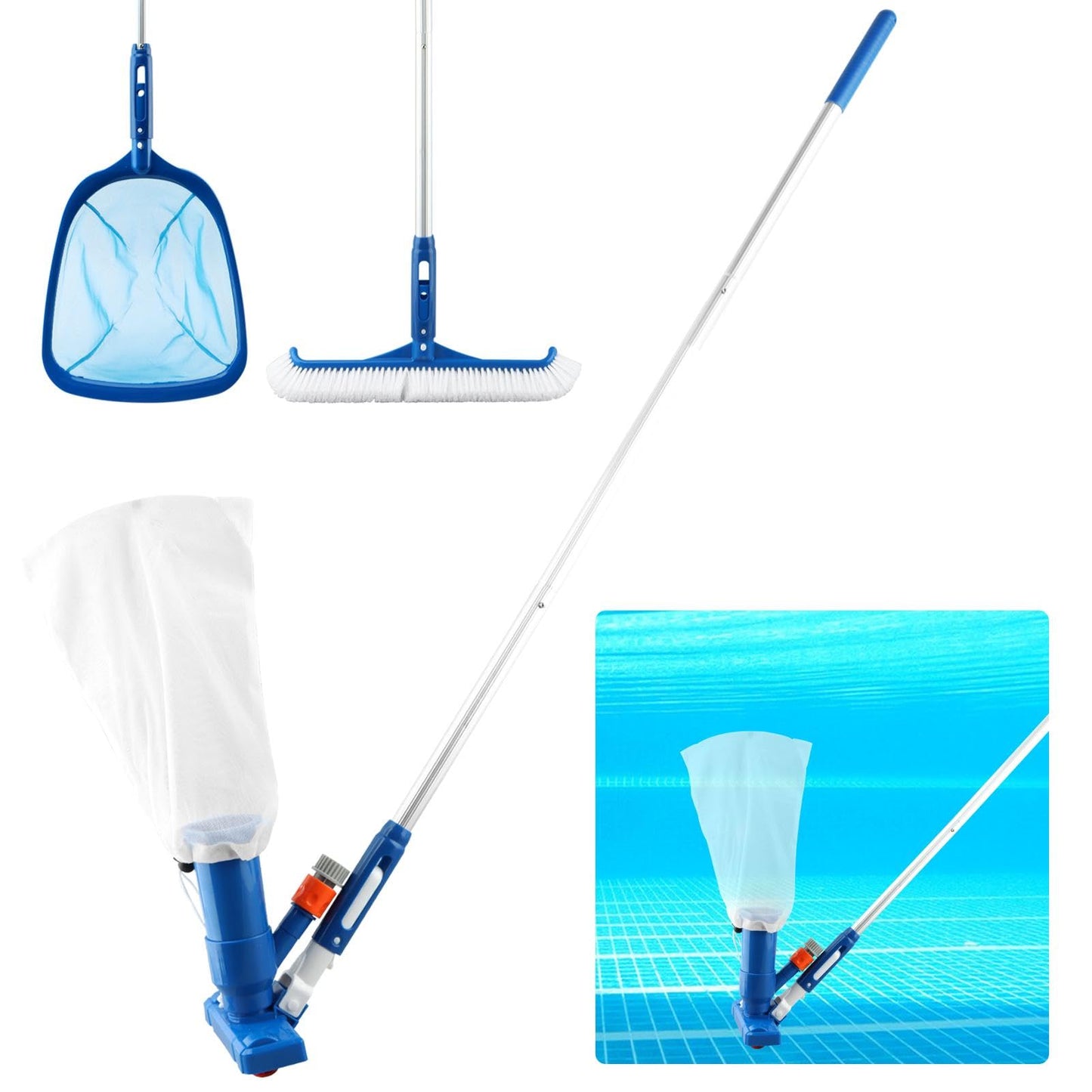 Lovarisse Swimming Pool Cleaning Kit IncludingSpa Jet Vacuum Cleaner,Aluminum Frame Skimmer Net,Pool Brush Head Adjustable 47-61inch Pole, for Inground & Above Ground Swimming Pools
