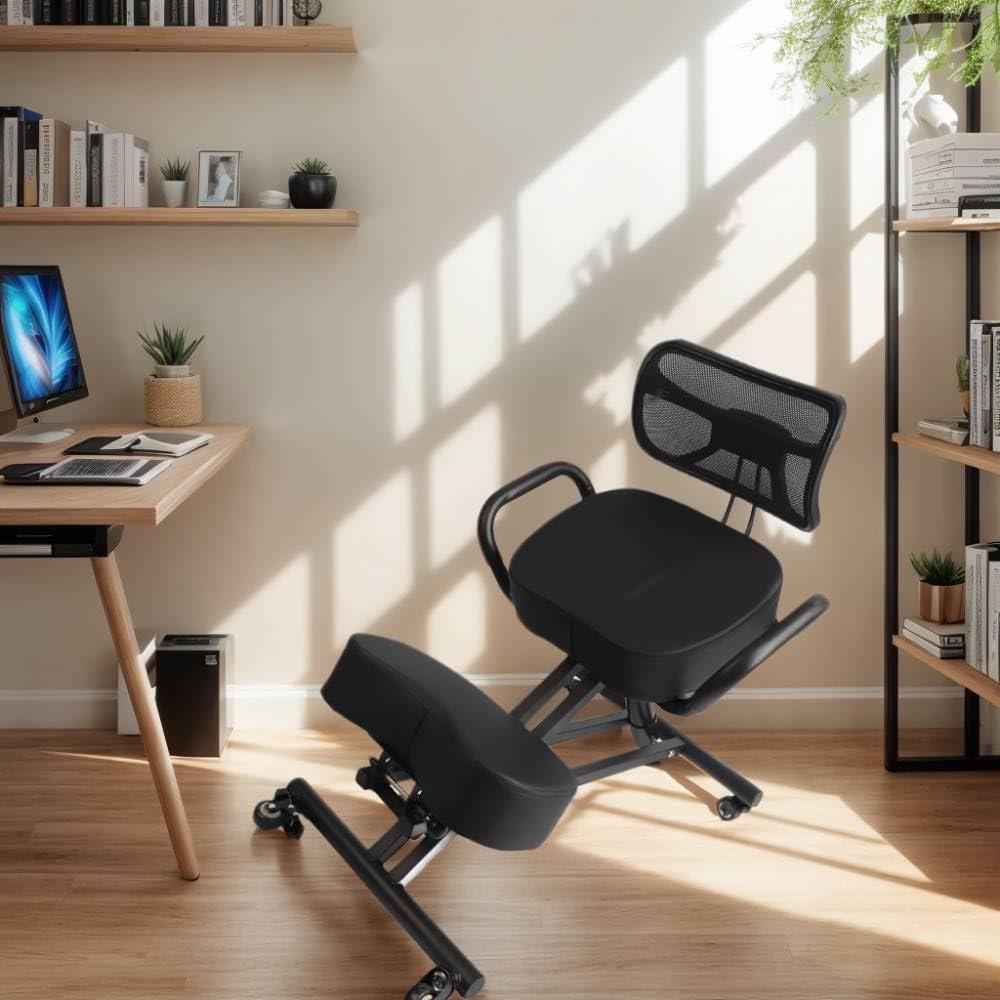 Ergonomic Height Adjustable Breathable Kneeling Chair Back Support Kneeling Chair with Leather Cushion Comfortable Mesh Backrest, Spine Alignment Support