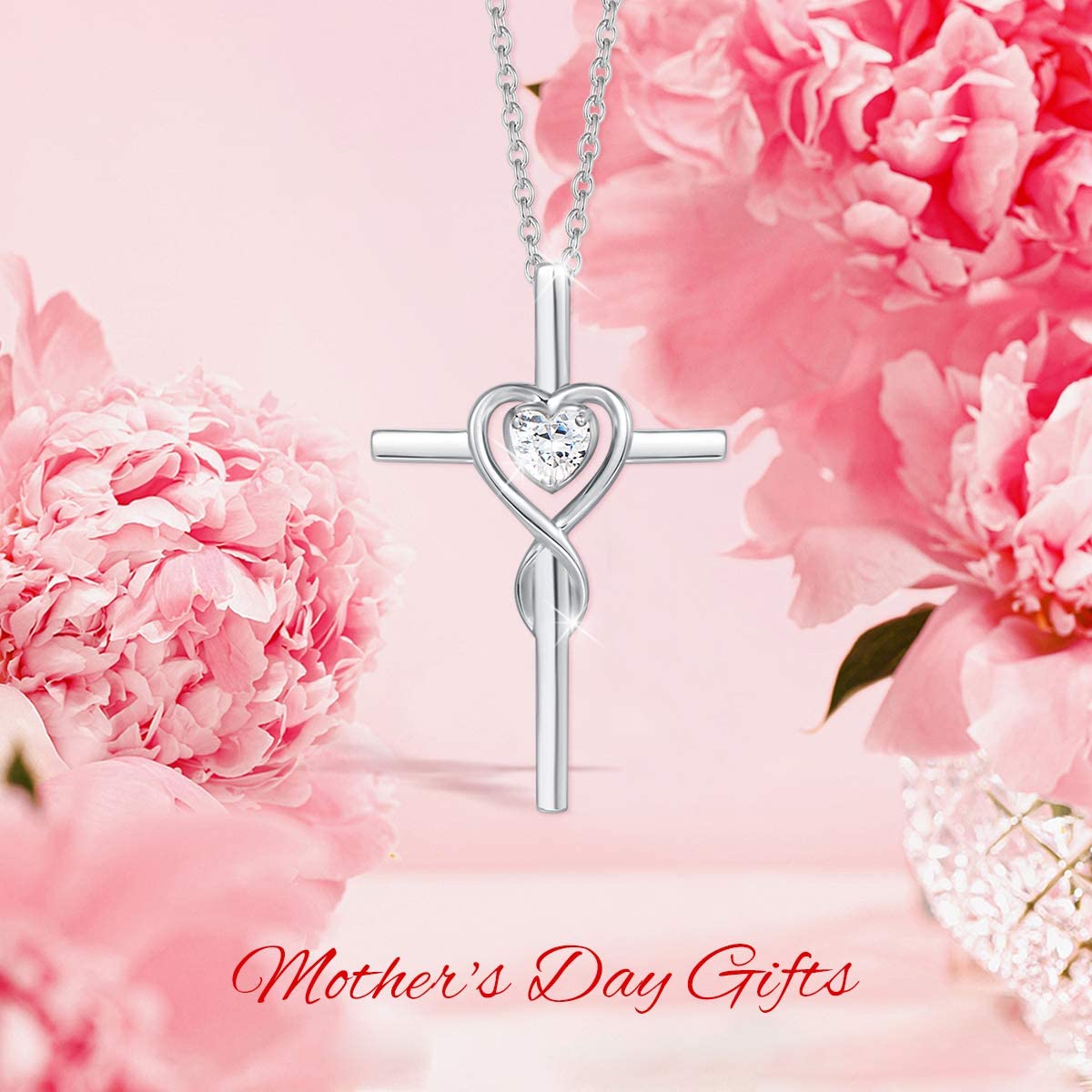 FANCIME Cross Necklace For Women Sterling Silver Birthstone Necklace Simulated Diamond Infinity Heart Cross Pendant April Birthstone Jewelry Gifts for Women