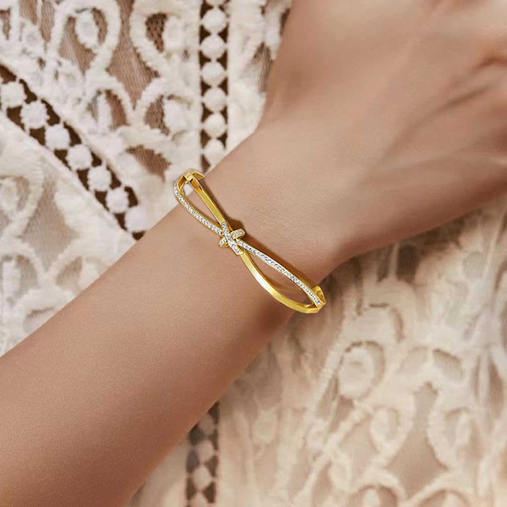 18K Gold Plated Bow Bangle Bracelet for Women Personalized Cubic Zirconia Stainless Steel Cross Bracelets Oval Butterfly Knot Bangles Bracelets Gifts for Love, Small