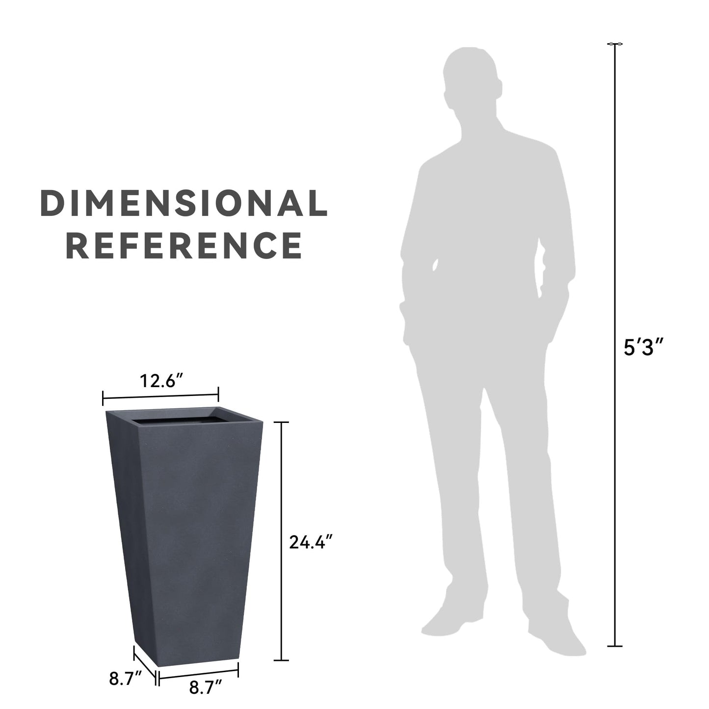 Kante 24.4 Inch Tall Tapered Concrete Planter, Modern Style Large Plant Pot with Drainage Hole and Rubber Plug for Patio, Backyard, Porch, Suitable for Indoor Outdoor Plants, Charcoal
